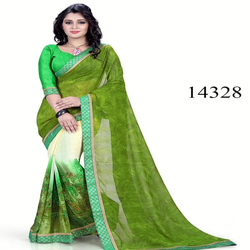 Viva N Diva Green & Cream Colored Marble Georgette Printed Saree