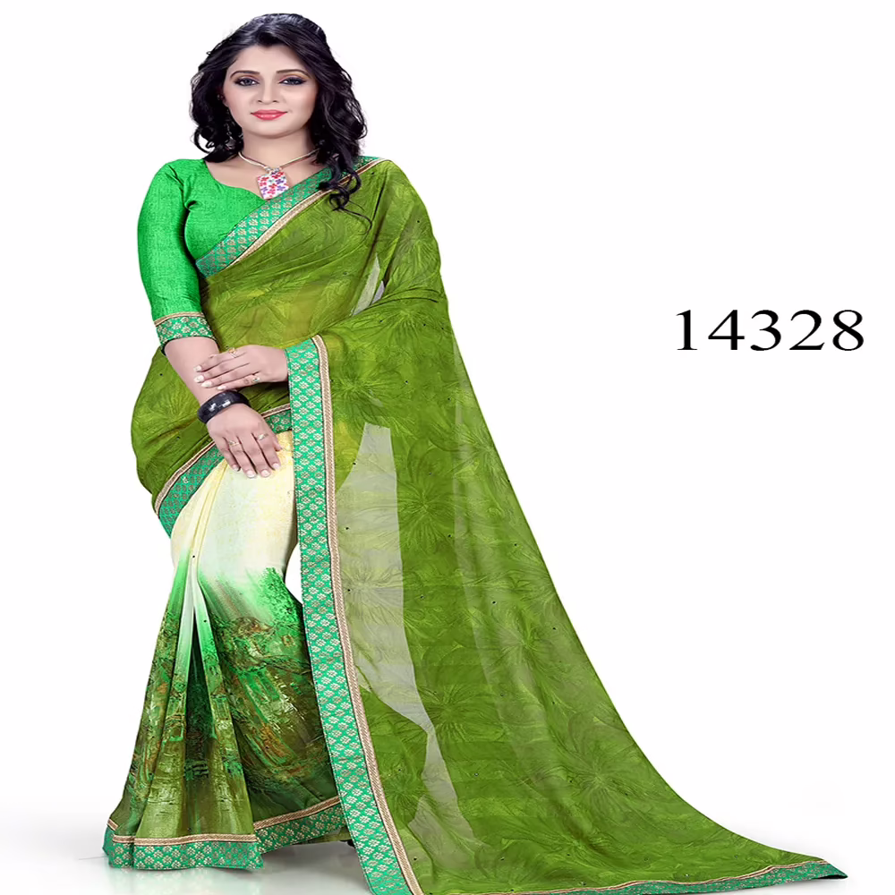 Viva N Diva Green & Cream Colored Marble Georgette Printed Saree
