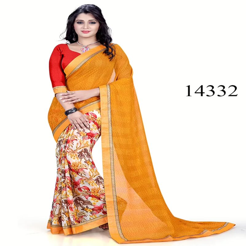 Viva N Diva Orange & Off White Colored Marble Georgette Printed Saree