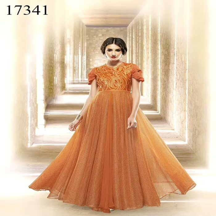 Viva N Diva Orange Colored Net Gown.