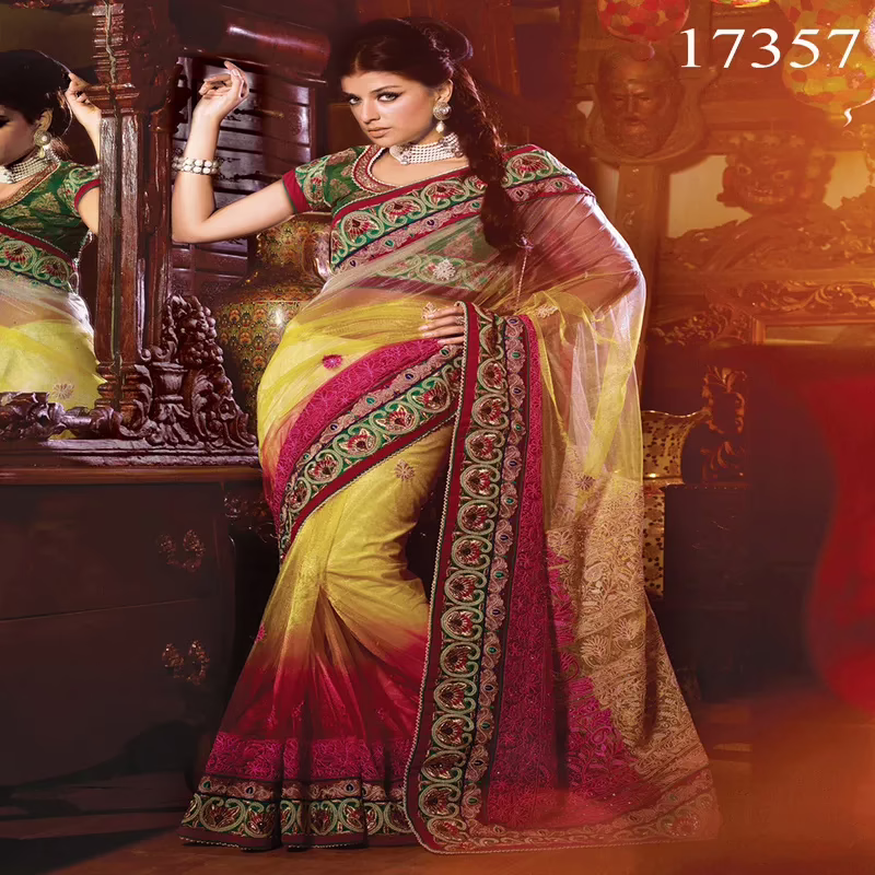 Viva N Diva Yellow & Pink Colored Net Saree