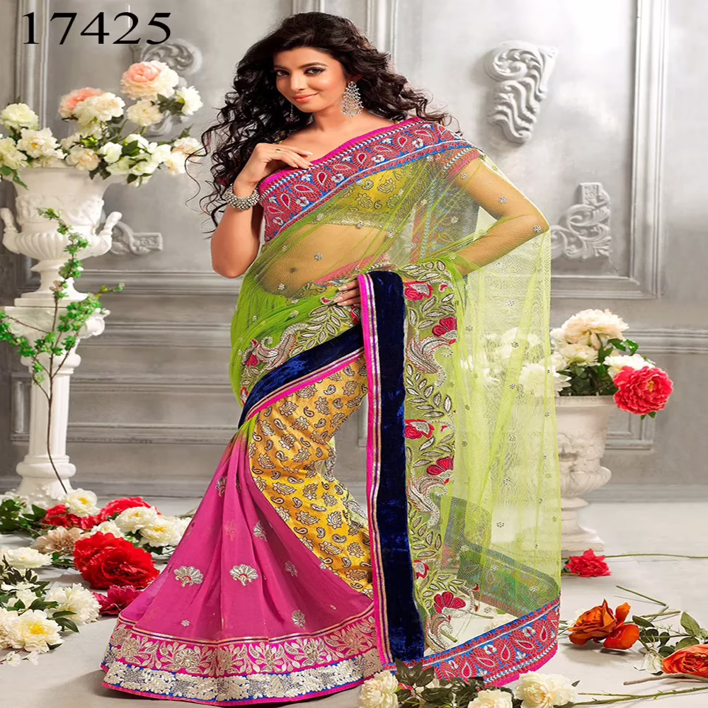 Viva N Diva Green, Yellow & Pink Colored Georgette, Viscose & Net Saree
