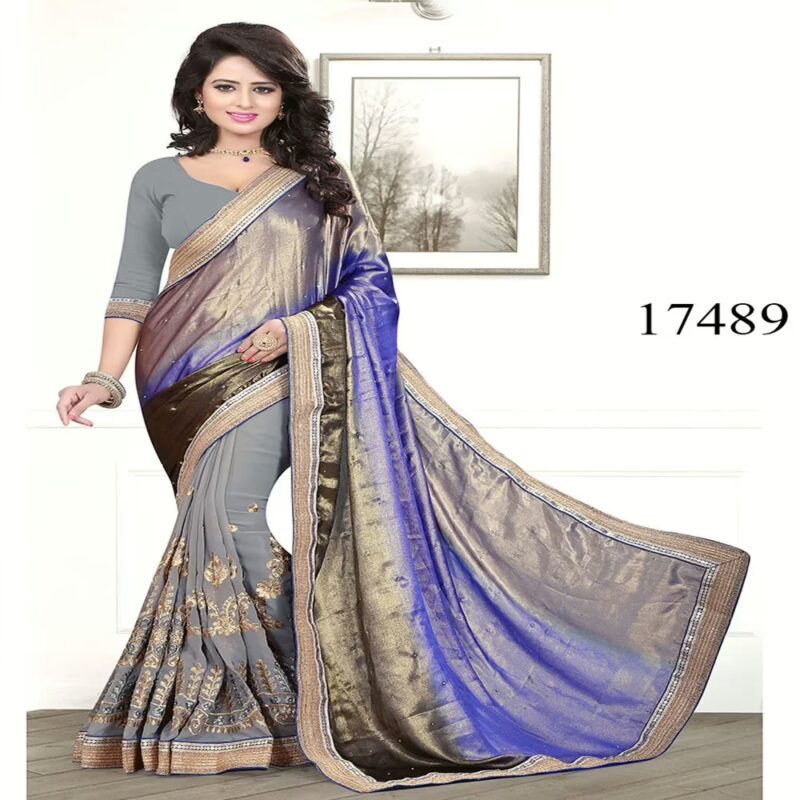 Viva N Diva Grey & Blue Colored Satin Chiffon & Georgette Saree