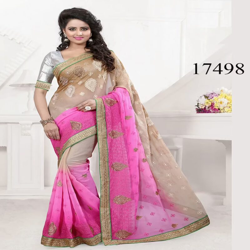 Viva N Diva Beige & Pink Colored Chiffon Saree