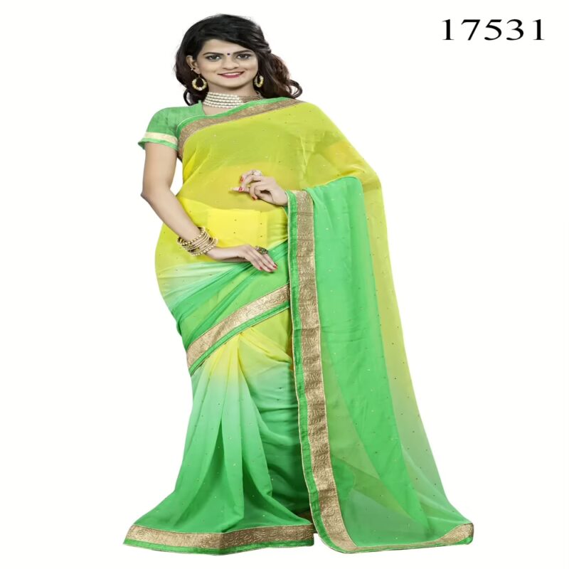 Viva N Diva Yellow & Green Colored Chiffon Saree.