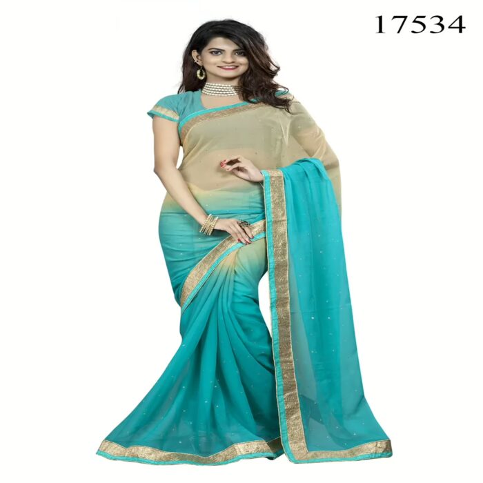 Viva N Diva Beige & Blue Colored Chiffon Saree.