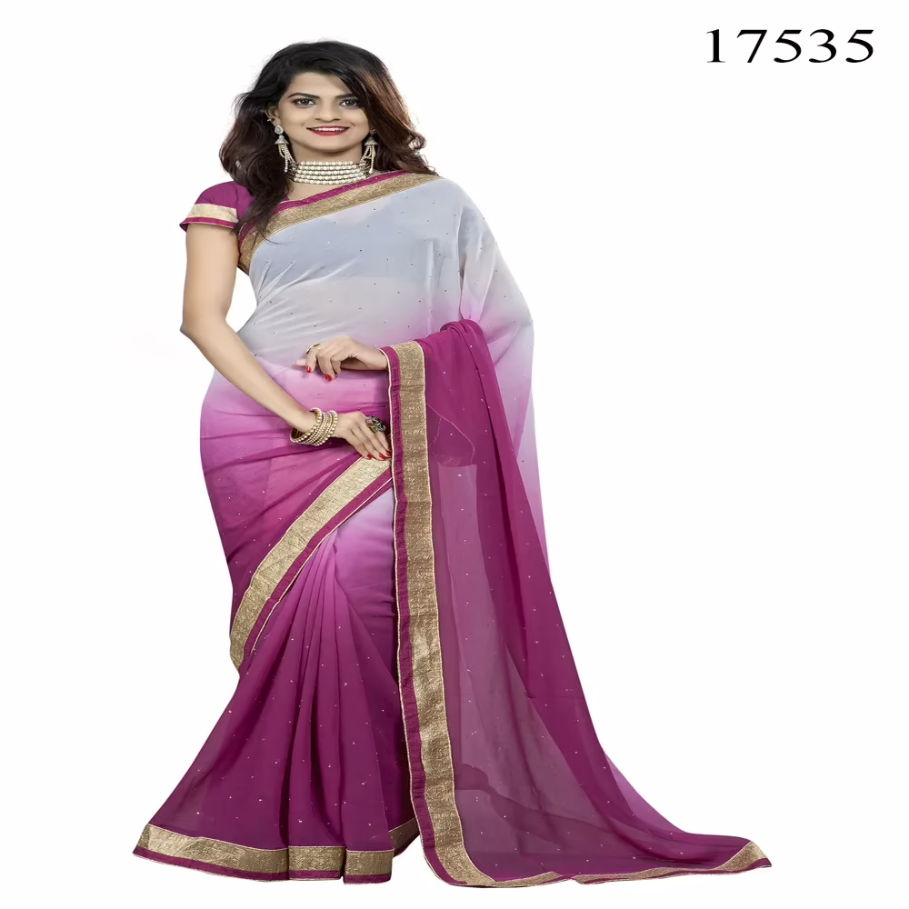 Viva N Diva Off White & Magenta Colored Chiffon Saree.