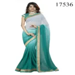 Viva N Diva Off White & Green Colored Chiffon Saree.