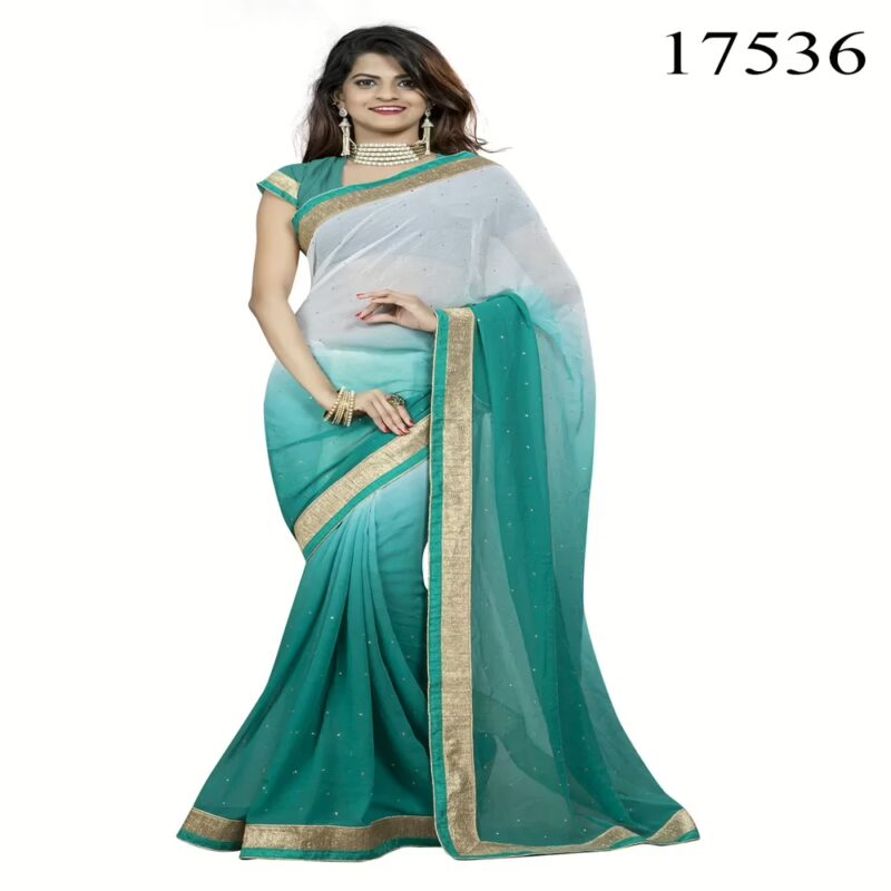 Viva N Diva Off White & Green Colored Chiffon Saree.