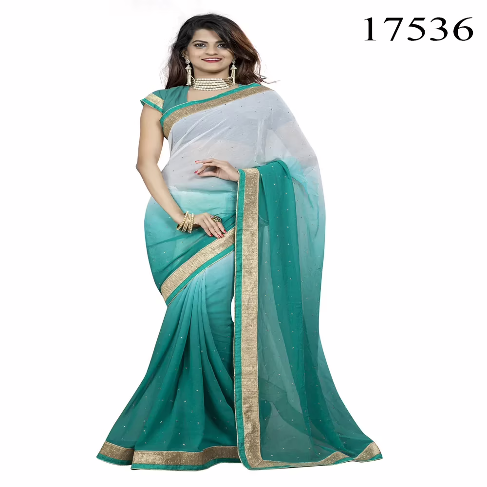 Viva N Diva Off White & Green Colored Chiffon Saree.