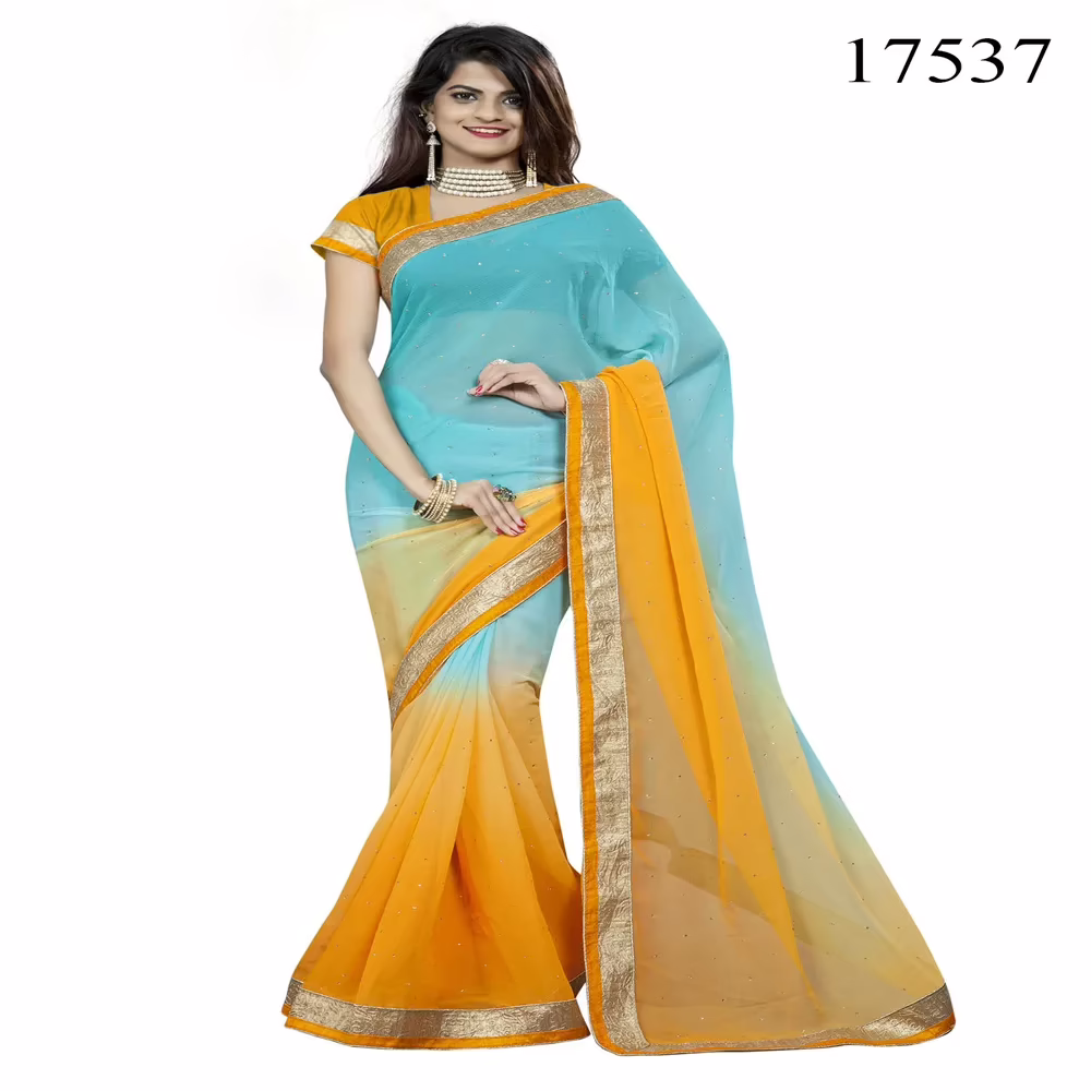 Viva N Diva Orange & Blue Colored Chiffon Saree.