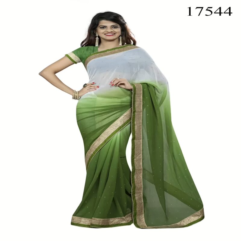 Viva N Diva Off White & Green Colored Chiffon Saree.