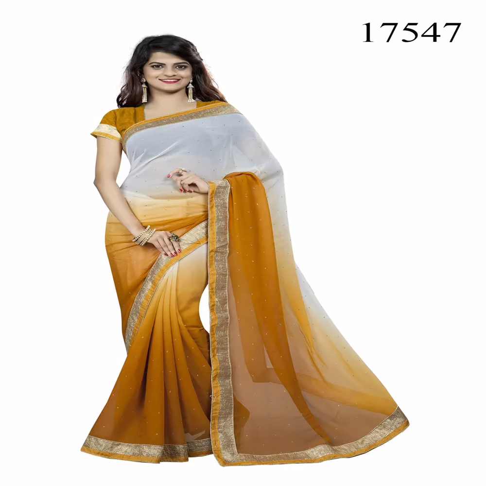 Viva N Diva Off White & Mustard Colored Chiffon Saree.