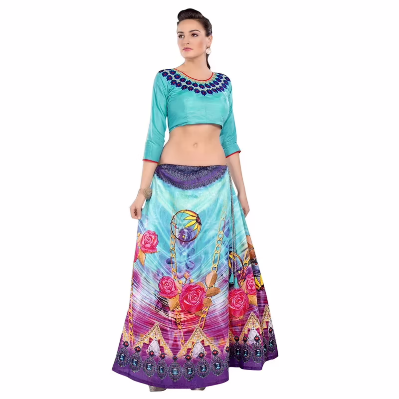 Viva & Diva Sky Blue Paper Silk & Banglori Printed Lehenga