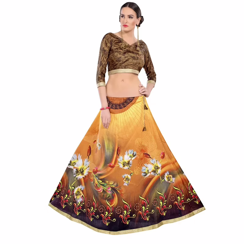 Viva N Diva Mustard Paper Silk & Banglori Printed Lehenga