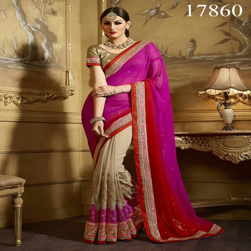 Viva N Diva Pink, Red And Beige Colored Georgette Saree