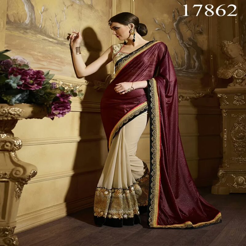 Viva N Diva Maroon And Beige Colored Lycra And Georgette Saree