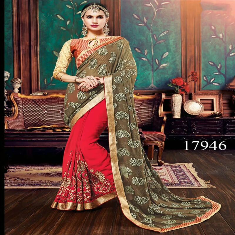 Viva N Diva Red And Brown Colored Georgette Saree