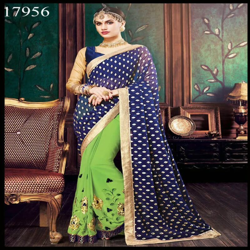 Viva N Diva Blue And Green Colored Georgette Saree