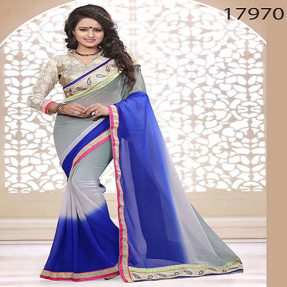 Viva N Diva Grey And Blue Colored Georgette Saree