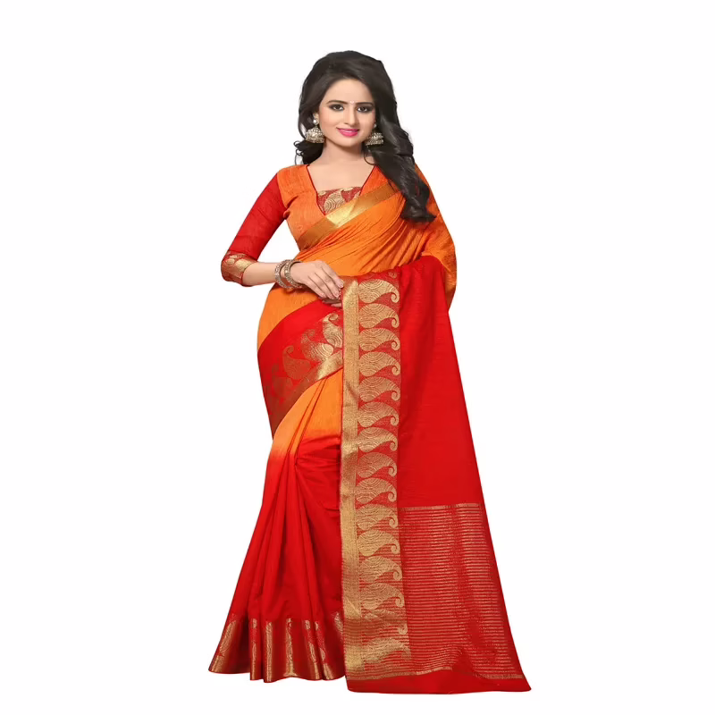 Viva & Diva Orange & Red Colored Cotton Jute Saree - Image 4