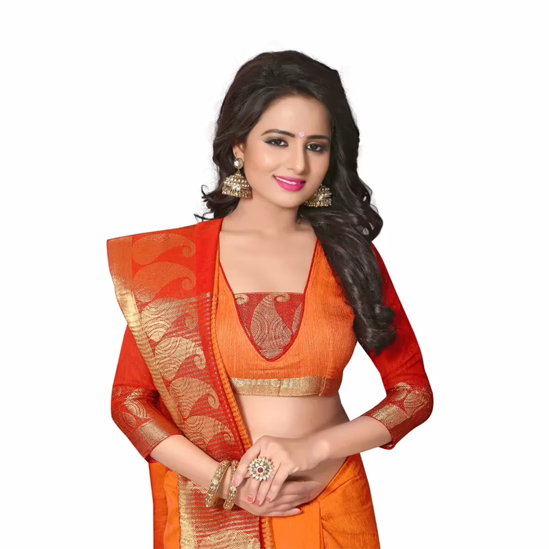 Viva & Diva Orange & Red Colored Cotton Jute Saree - Image 3