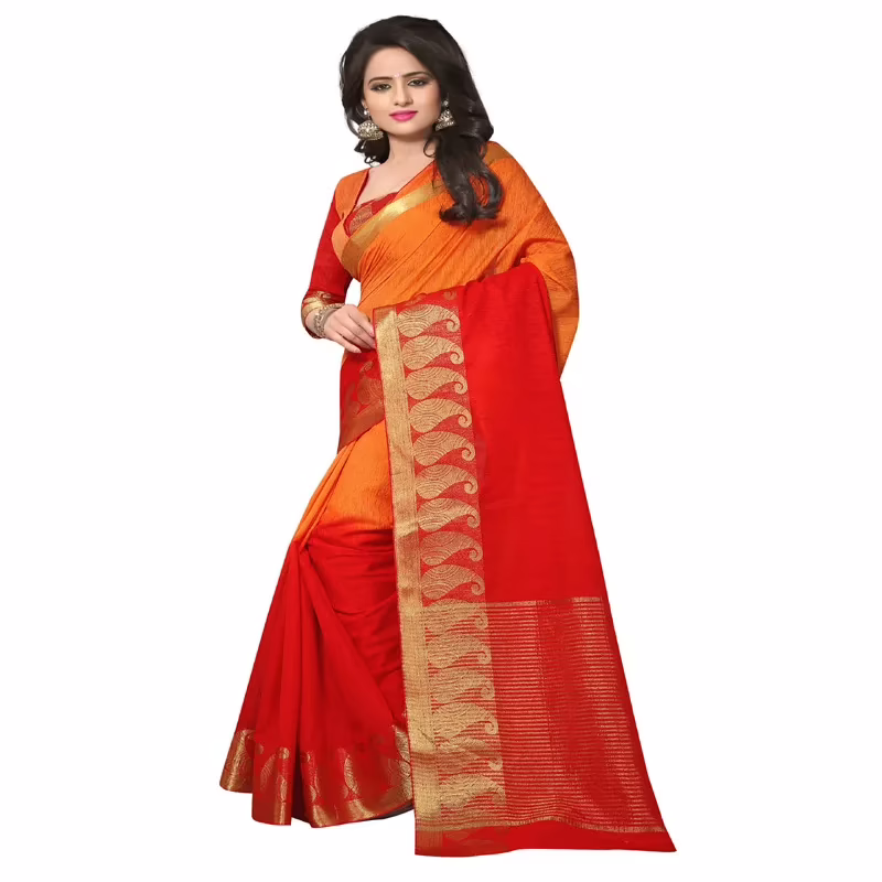 Viva & Diva Orange & Red Colored Cotton Jute Saree