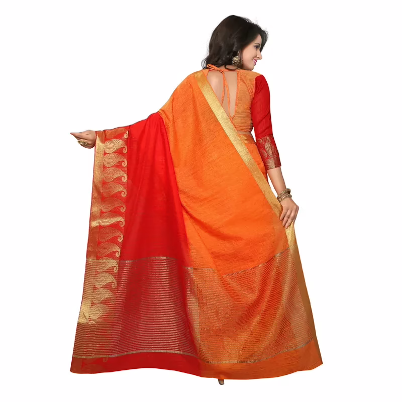 Viva & Diva Orange & Red Colored Cotton Jute Saree - Image 2
