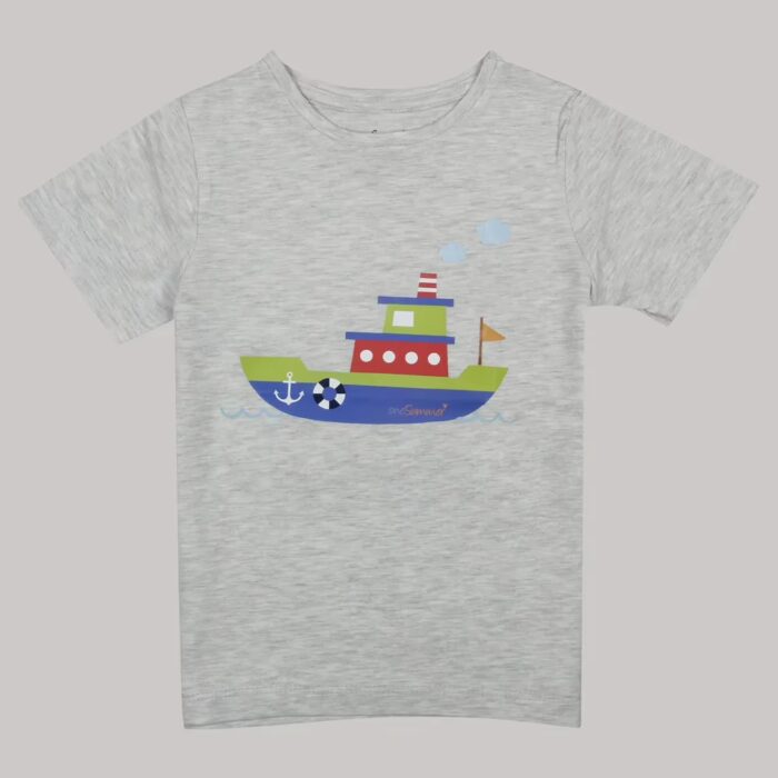 Kids Round Neck T-Shirt - Boat - Grey