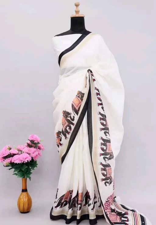 Ikkat White Print Khadi Blended Saree