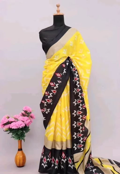 Ikkat Yellow Print Khadi Blended Saree