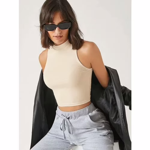Seasons  Beige Solid Ribbed Crop Tank Top