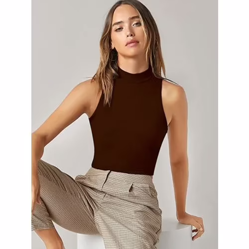 Seasons Brown Solid Ribbed Crop Tank Top