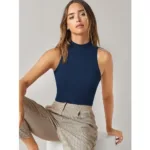 Seasons Navy Solid Ribbed Crop Tank Top