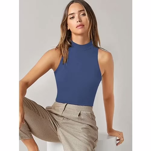Seasons Blue Solid Ribbed Crop Tank Top