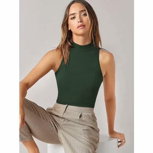 Seasons Green Solid Ribbed Crop Tank Top