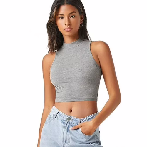Seasons Grey Solid Ribbed Crop Tank Top