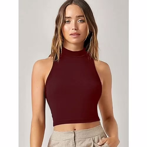 Seasons Maroon Solid Ribbed Crop Tank Top