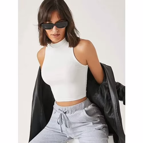 Seasons White Solid Ribbed Crop Tank Top