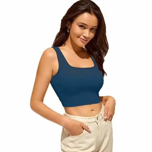 Seasons Women's Blue Square Neck Sleeveless Lycra Top
