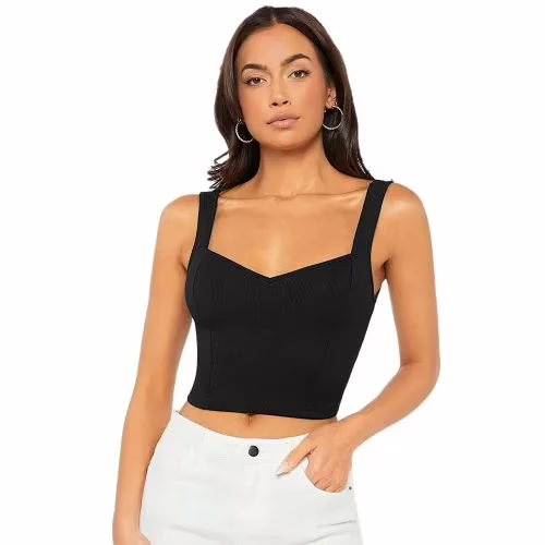Seasons Women Black V Neck Sleeveless Lycra Top