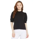Seasons Women Solid Black High Neck Top