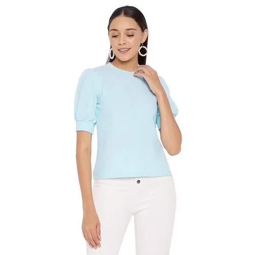 Seasons Women Solid Blue High Neck Top