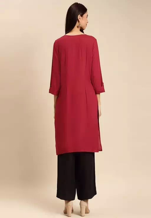 Classic Maroon Women Rayon Straight Kurti - Image 2