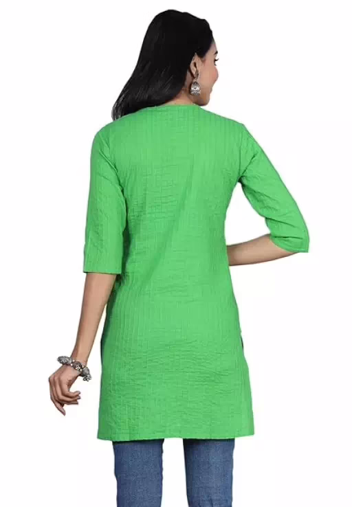 Green Women Cotton V-Neck Short Kurtis - Image 2