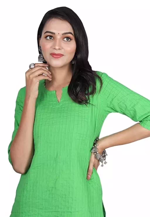 Green Women Cotton V-Neck Short Kurtis - Image 3