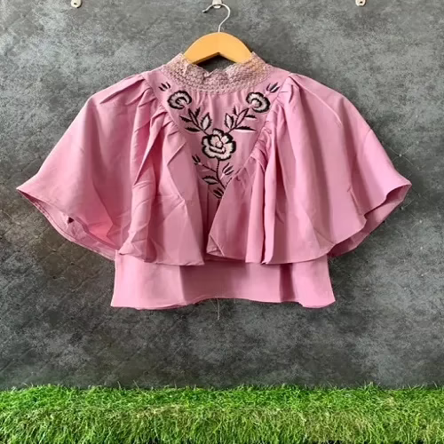 Classy Neck Elastic Lace Fully Frill Embroidery Short Top