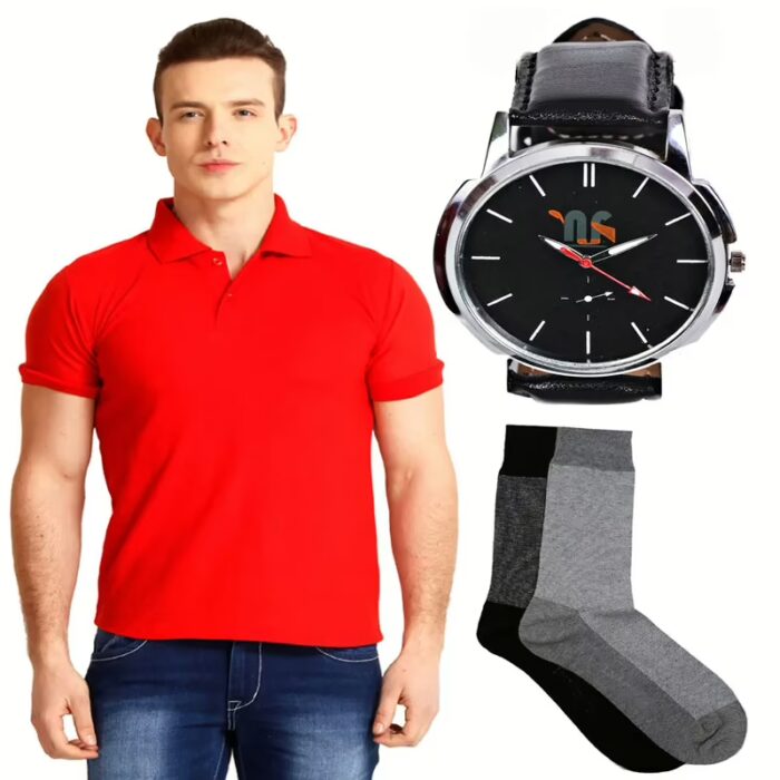 Season Red  T Shirt With 2 Pair Of Socks And Watch
