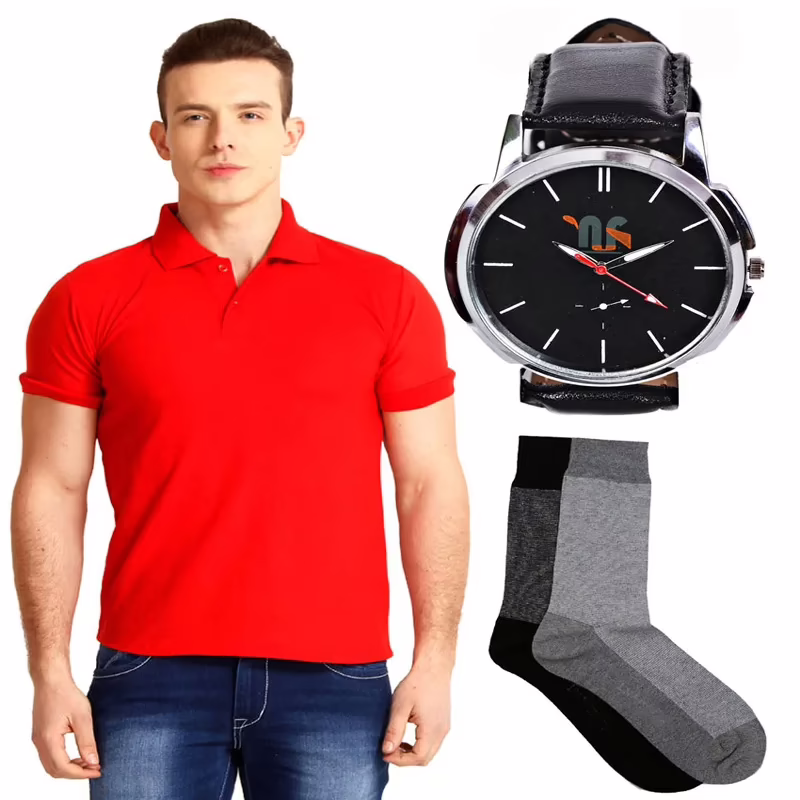 Season Red  T Shirt With 2 Pair Of Socks And Watch