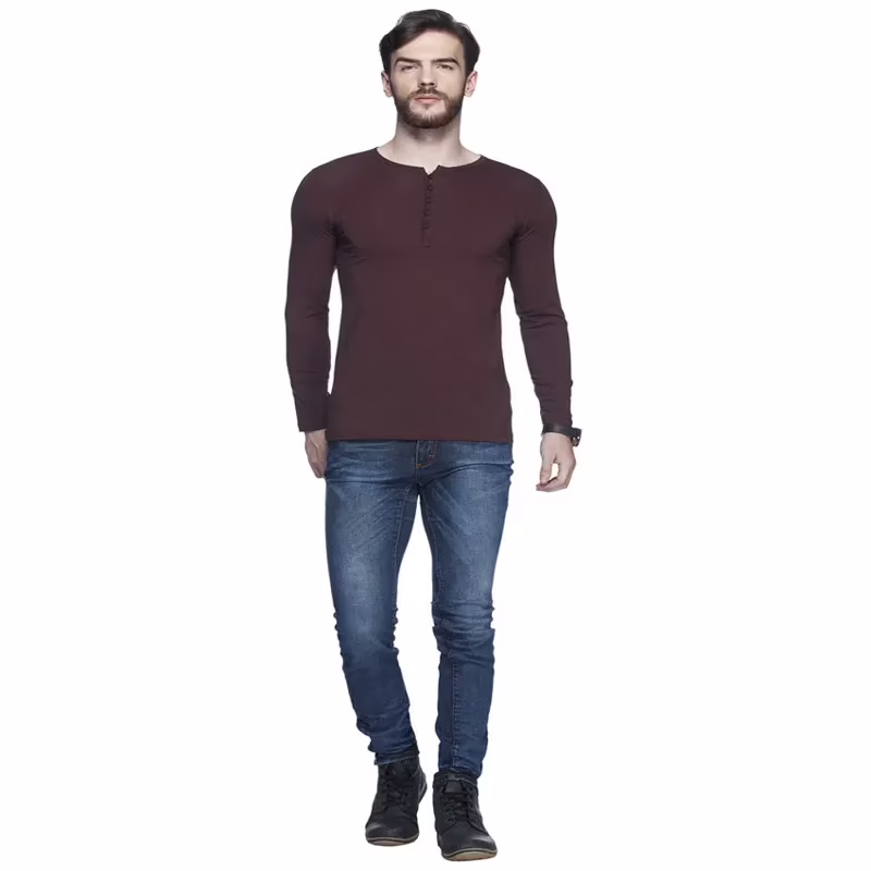 Season Tinted Coffee Brown Solid Henley T Shirt - Image 5